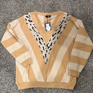 Leopard Print V-Neck Sweater - Tan and Cream